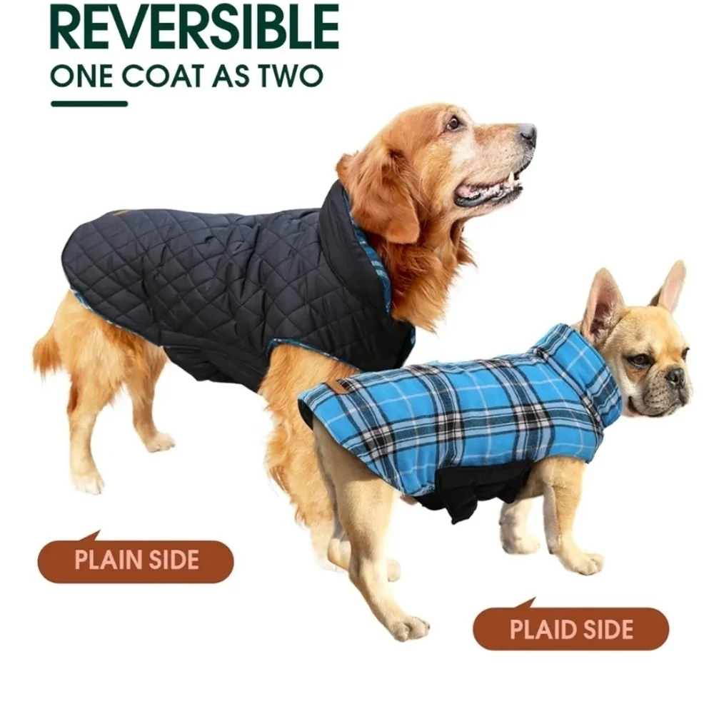 Reversible Black and Blue Plaid Dog Coat NWT